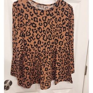 TICKLED TEAL Leopard Peplum Evelyn Top Long‎ Sleeve Brown Medium